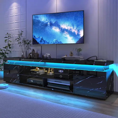 Vista 16 de Hlivelood Soporte de TV LED para TV de 75 pulgadas, moderno soporte de TV con toma de corriente, consola de TV de alto brillo con almacenamiento
