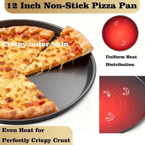 Vista 3 de Sartén de pizza de 12 pulgadas para horno, 2 unidades, bandeja redonda de aluminio antiadherente de 1 pulgada de profundidad para hornear pizza