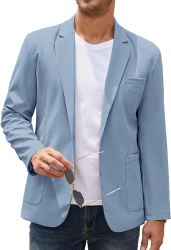 Vista 9 de COOFANDY Blazer casual de lino para hombre, ligero, ajuste regular, chaqueta deportiva de traje con un botón 01-caqui claro