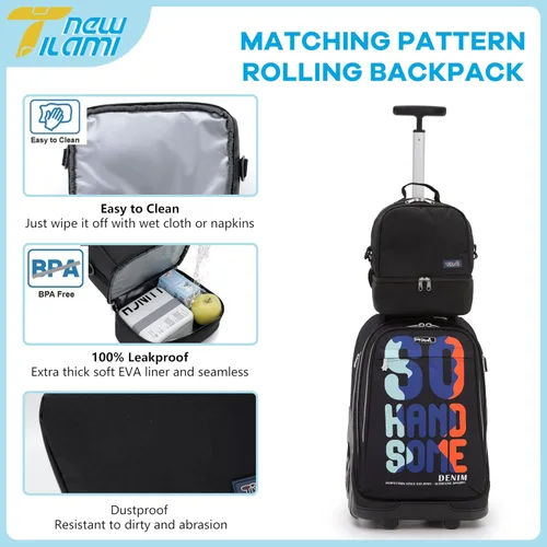 Vista 109 de NEW TILAMI Mochila con ruedas de 19 pulgadas con bolsa de almuerzo para niñas y niños, mochila para laptop con ruedas, bolsa de mano duradera