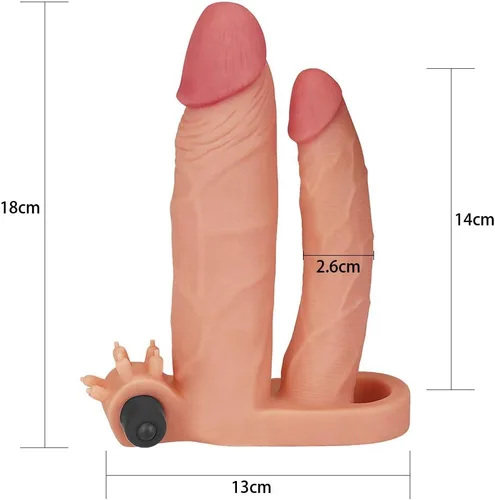 Vista 2 de Honeypleasures - Extensor de manga de doble pene de 1 pulgada extra y bucle de bola con estimulador vibratorio de clítoris, doble penetración DP