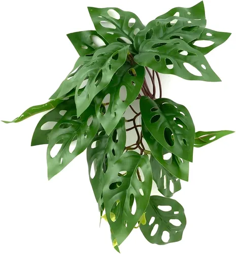 Vista 13 de Plantas de Reptiles para Terrario, Decoración de Hábitat de Anfibios Plantas Colgantes Artificiales con Ventosa - Alocasia Terciopelo Negro Falsa