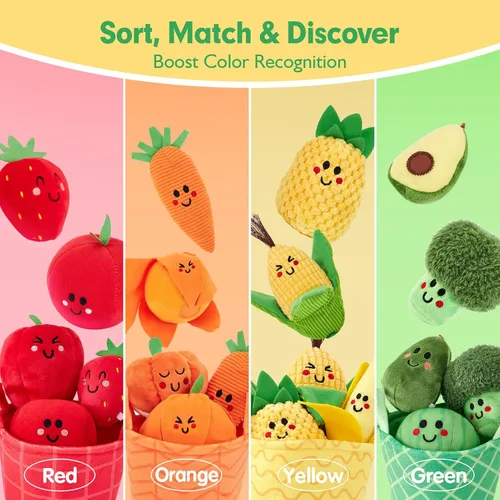 Vista 4 de Hahaland Juguetes sensoriales para bebés - 16 piezas Mi primera fruta Verdura Clasificación de color de alimentos de juego crujiente, sonajero