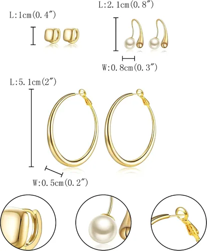 Vista 5 de FANZE 3Pairs 14K Gold Plated Earrings Set, Hoop Earrings, Dangle Huggie Earrings Lightweight, Jewelry Gift Women Girls