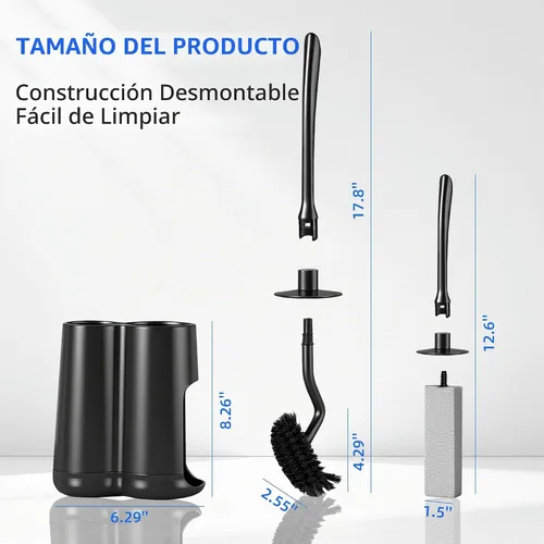 Vista 8 de Juego de escobilla de inodoro y soporte con piedra pómez, combo de cepillo para inodoro Negro
