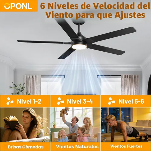 Vista 3 de OPONL Ventilador de techo de 52 pulgadas con luz y control remoto Negro