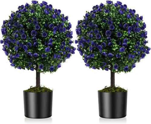 Vista 10 de Goplus Árbol de bola de cedro artificial de 21.5 pulgadas, juego de 2 plantas artificiales en maceta, arbustos artificiales con maceta de cemento