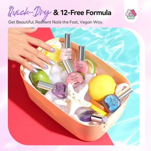 Vista 5 de SAVILAND - Juego de esmaltes de uñas perlado: secado rápido, 12 ingredientes libres, esmalte Aurora, 6 colores brillantes, morado, rosa, azul