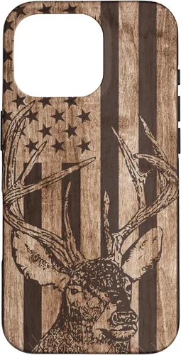 Vista 20 de Funda de madera para iPhone 16 con diseño de ciervo de cola blanca para caza cazador de bandera estadounidense