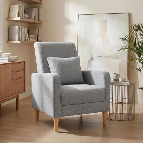 Vista 12 de COLAMY Silla decorativa moderna Mid-Century tapizada de tela con almohada trasera y patas de madera maciza, cómodo sillón para sala de estar Beige