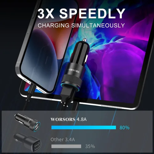 Vista 2 de [Certificado Apple MFi] Cargador rápido para automóvil, adaptador de corriente de carga rápida USB 4.8A dual con 2 cables Lightning Carplay de 3