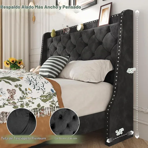 Vista 4 de SUNLEI Base de cama tamaño Queen con botón capitoné y tela de terciopelo, marco de cama con cabecera de almacenamiento con respaldo de ala, listones