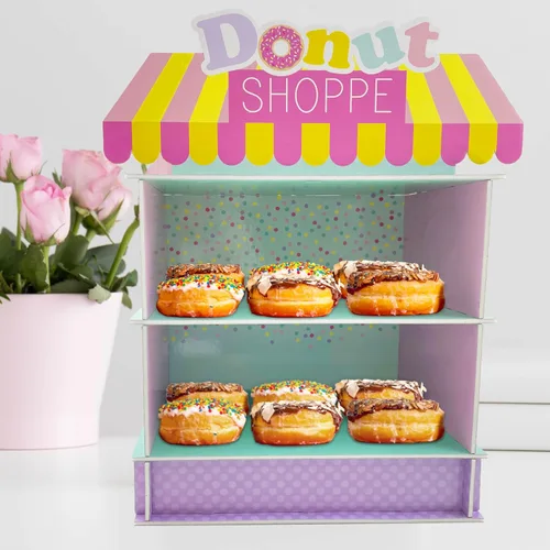 Vista 2 de Soporte de dona de 2 niveles para suministros y decoraciones de fiesta de cumpleaños, soporte para cupcakes, decoración de mesa de postre 4E's