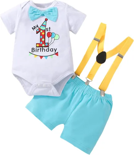 Vista 19 de Ropa divertida para el primer cumpleaños para bebé, ropa para bebé, con corbatín, mameluco, pantalones, conjunto de tirantes, trajes de pastel