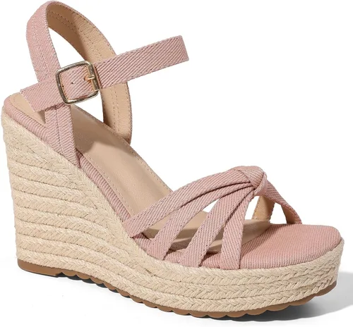 Vista 15 de mikarka Sandalias de tacón de cuña para mujer: alpargatas con plataforma de Tacón de cuña de 3.94"/Nubuck negro