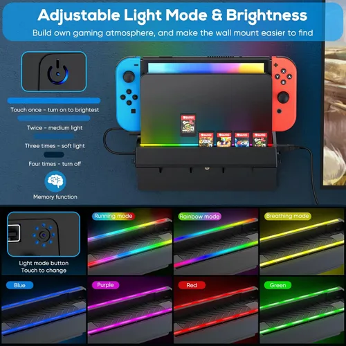Vista 3 de Kit de montaje en pared para Nintendo Switch y OLED, soporte de consola de muelle de interruptor, accesorios de interruptor con 7 modos de luz, 7
