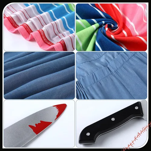 Vista 3 de Hercicy 3 disfraces de Halloween, 1 top casual con 1 overol azul y cuchillo de carnicero sangriento para fiesta de cosplay de Halloween (adultos)