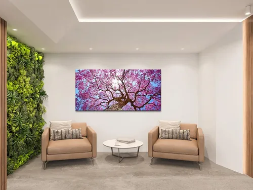 Vista 5 de Pyradecor Lienzo decorativo grande de árbol de cerezo rosa para pared, diseño de paisaje de ramas florales moradas, paisaje de naturaleza moderna