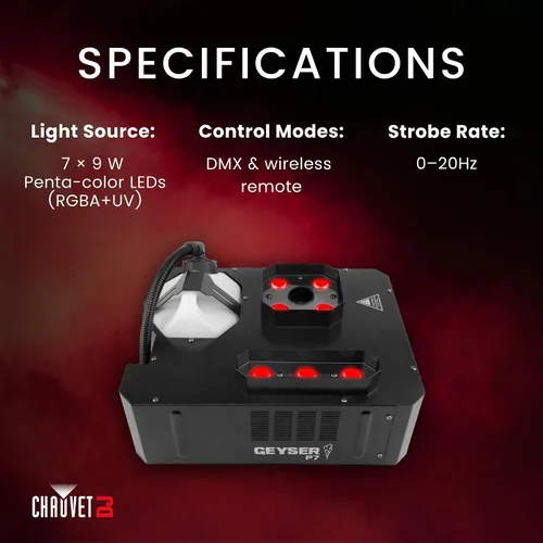 Vista 2 de CHAUVET DJ Sistema de ráfaga vertical Geyser P7 Salida de estilo pirotécnico sin fuego ni CO2 Zonas LED duales con mezcla UV RGBA DMX