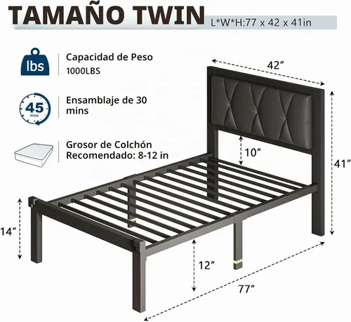 Vista 2 de GalnFu Marcos de Cama de Metal Twin, Marco de Cama de Plataforma Tapizado con Cabecera de Cuero Sintético con Botones Capitoné, No Se Necesita