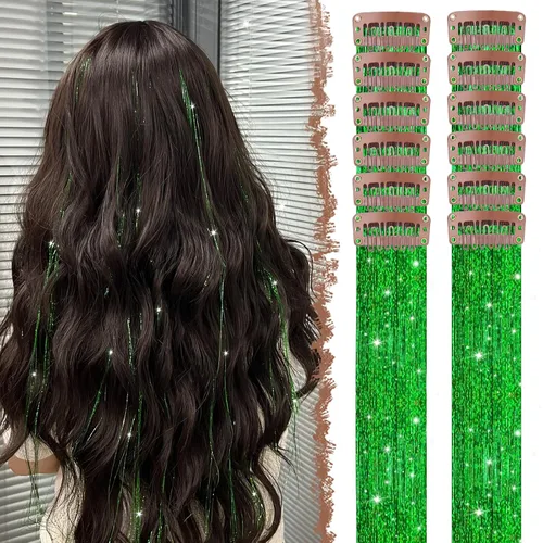 Vista 18 de FESHFEN Juego de 12 extensiones de cabello con clip, color negro, con clip, con purpurina, kit de accesorios coloridos para mujeres, de 20 pulgadas