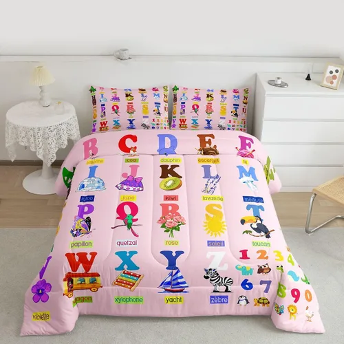 Vista 14 de jejeloiu Juego de edredón educativo para niños, tamaño matrimonial, juego de ropa de cama con números del alfabeto ABC para niños y niñas pequeños