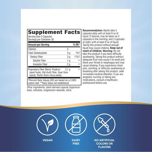 Vista 5 de Nature's Way Fiber Fusion Daily, cápsulas de cáscara de psyllium con salvado de avena, goma guar, pectina, apoyo para la salud digestiva*, veganas