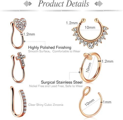 Vista 2 de JFORYOU Fake Nose Rings Fake Septum Fake Nose Ring Hoop Faux Spring Clip on No Pierced Non Piercing Faux Body Piercing Jewelry for Women Men