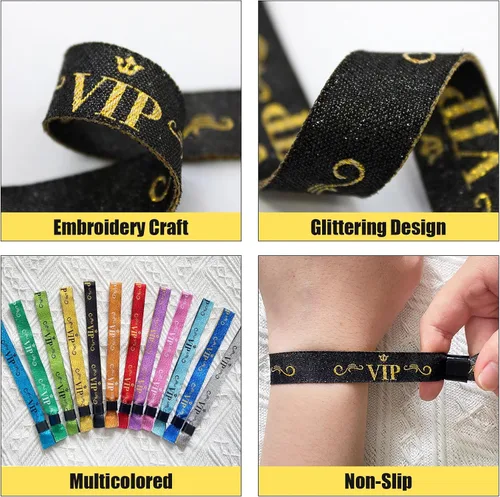 Vista 3 de 100 piezas de pulseras VIP de tela para eventos, pulseras VIP desechables para eventos, pulseras VIP de colores para eventos, para conciertos Negro