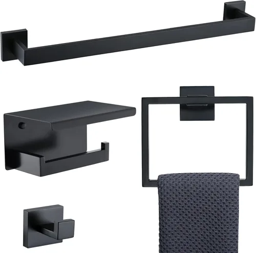 Vista 15 de Juego de 4 soportes para toallas de baño, juego de accesorios de baño de acero inoxidable negro y dorado, montaje en pared, 23.6 pulgadas