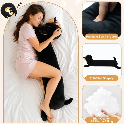 Vista 3 de Almohada larga de felpa de perro salchicha de 43 pulgadas, almohada corporal de perro marrón, muñeca de animal, almohada larga para dormir
