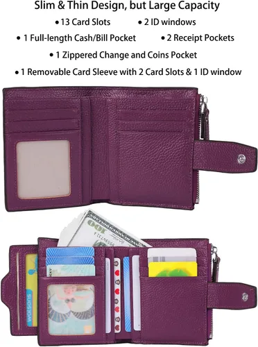 Vista 2 de AINIMOER - Cartera de piel con bloqueo RFID para mujer, tamaño pequeño, compacta, doble zíper, con ventana para identificación
