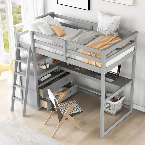 Vista 10 de Merax Cama tipo loft de madera de tamaño individual con escritorio en forma de L, 2 cajones integrados/2 estantes, cama tipo loft multifuncional