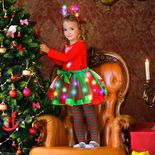 Vista 3 de Conjunto de 4 piezas de disfraz de Navidad para niñas, falda tutú iluminada, medias a rayas, diademas de reno LED, collar para espectáculos