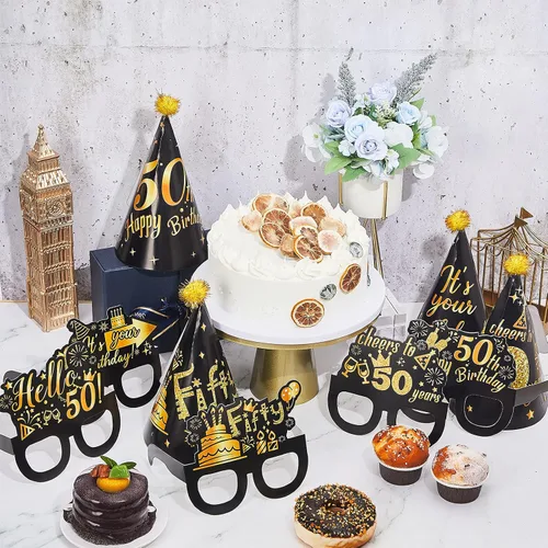 Vista 5 de 26 piezas de decoración de fiesta de cumpleaños número 50, kits de gafas y sombreros, gafas y sombreros de papel temáticos negros y dorados