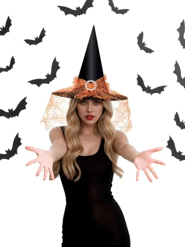 Vista 4 de Edoneery Sombrero de bruja de Halloween para mujer, encaje de malla, accesorio de disfraz de mago para fiestas de cosplay