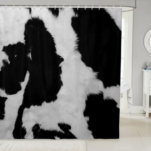 Vista 16 de Feelyou Cortina de ducha de piel de vaca para baño, niños y niñas, cortina de baño de piel de vaca negra, cortina de baño de piel de vaca esponjosa