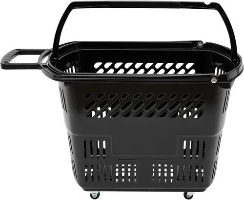 Vista 4 de Carrito de compras de 6 piezas, 35L/9.2 galones grande de plástico negro con 4 ruedas y asa, cesta de compras portátil independiente