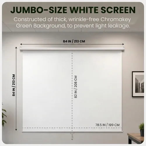 Vista 4 de Estilo más amplio: pantalla blanca KHOMO Gear de 84 x 84 pulgadas, telón de fondo extraíble extragrande, pantalla de proyector enrollable plegable