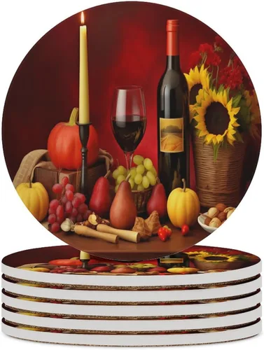 Vista 40 de 4 posavasos de vino tinto, cuadrados y modernos posavasos absorbentes de cerámica, estilo de pintura al óleo, vintage, vino tinto, uvas, rosa