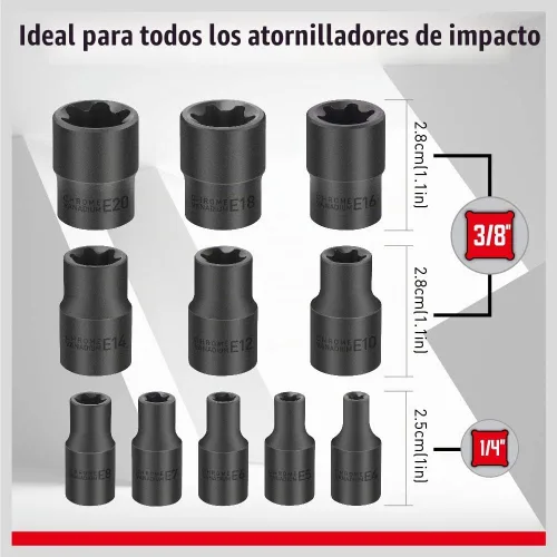 Vista 4 de SEDY Juego de llaves de vaso E-Torx de 11 piezas – Juego de enchufes de estrella con riel de enchufe, enchufe externo Torx con organizador, juego