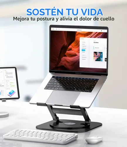 Vista 7 de AOEVI Soporte ajustable para laptop con base giratoria de 360°, soporte estable para computadora portátil, ergonómico y plegable, elevador para Negro