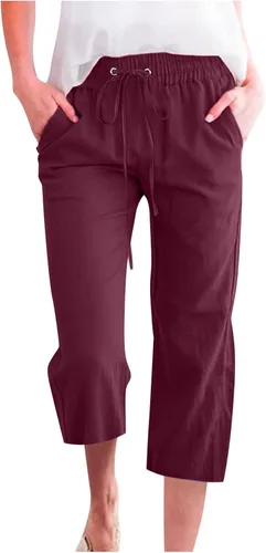 Vista 11 de Ceboyel Pantalones capri para mujer para verano, cintura elástica, pantalones de yoga, con cordón, pantalones de lino, pantalones de entrenamiento