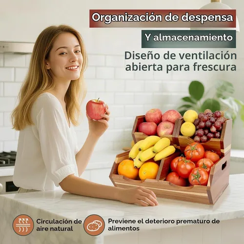 Vista 9 de Contenedores de almacenamiento de despensa de madera de acacia, juego apilable de 3 piezas