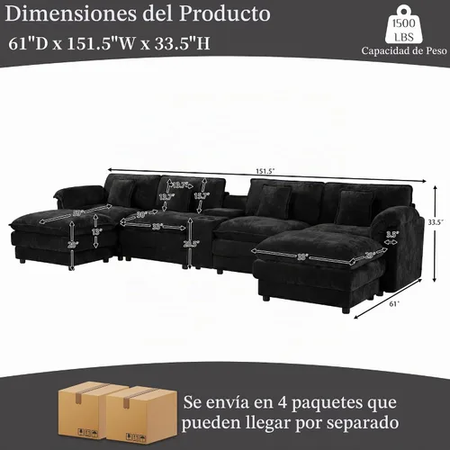Vista 5 de Sofá seccional en forma de U, 151 pulgadas, sofás seccionales negros grandes y cómodos para sala de estar, sofás modulares modulares esponjosos