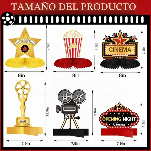 Vista 2 de Chinco 12 piezas de decoración de fiesta nocturna de cine, suministros de centro de mesa de panal de abeja 3D, micrófono, boleto, estrella, video