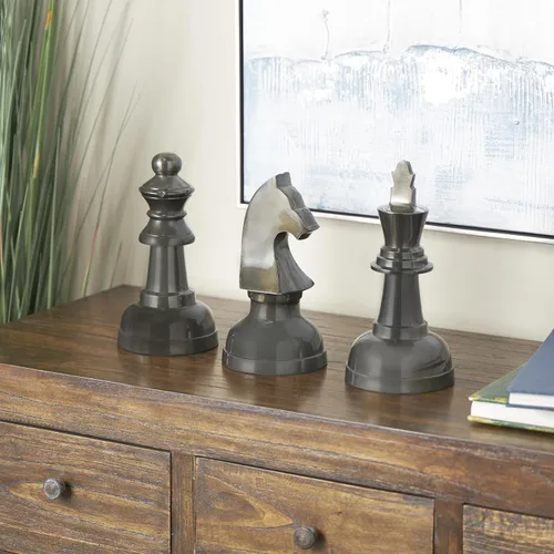 Vista 3 de CosmoLiving by Cosmopolitan - Escultura decorativa de ajedrez de metal de aluminio para decoración del hogar con caballero, reina y rey, juego de 3