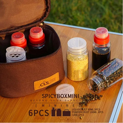 Vista 4 de Joyeee Kit de especias vacías para campamento, plástico seguro, PET, 3 botellas de especias líquidas de 2.7 onzas y 3 tarros de especias de 3.3