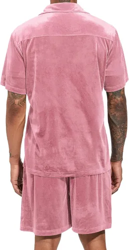 Vista 3 de LecGee Conjunto de pantalones cortos casuales de verano para hombre, camisa de terciopelo de manga corta con botones, pantalones cortos de cintura
