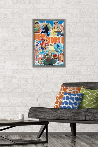 Vista 2 de Trends International One Piece - Póster de pared New World, 22.4 pulgadas de largo x 14.7 pulgadas, versión enmarcada en madera de granero